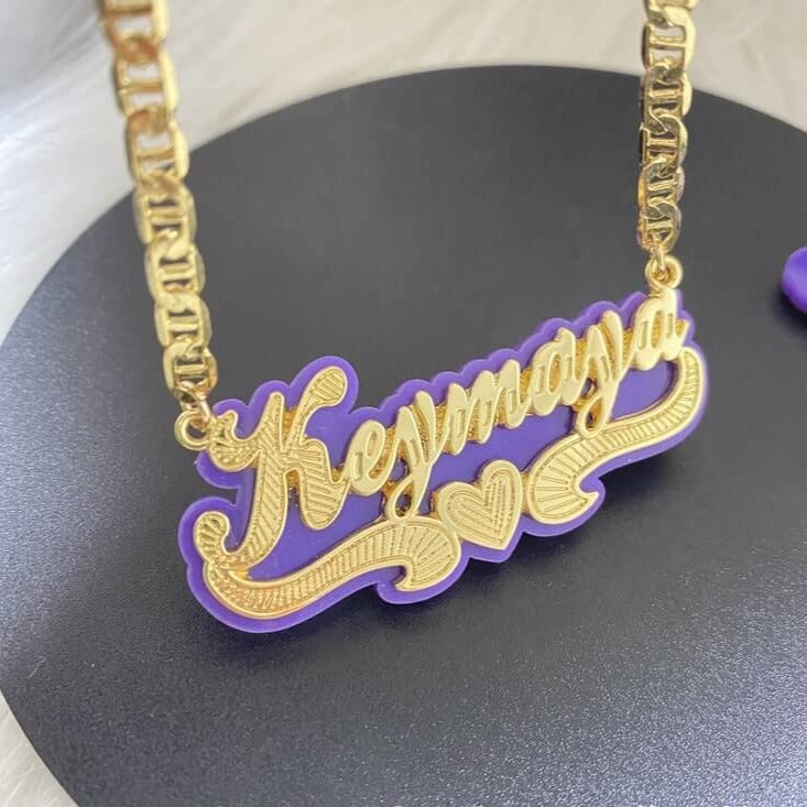 Purple Acrylic with Heart Double Layer Personalized Custom Gold Plated Name Necklace And Name Stud Earring Set