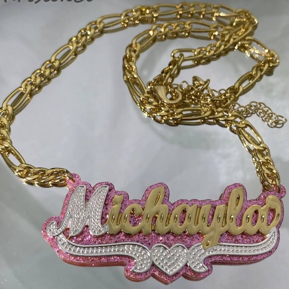 Double Layer Pink Acrylic Two Tone Custom Gold Plated Name Necklace with Heart