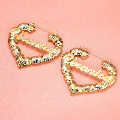 Heart Bamboo Gold Plated Personalized Custom Name Bamboo Earrings