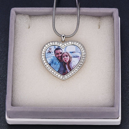 Inlaid Zircon Photo White Gold Heart Pendant Personalized Custom Photo Necklace-silviax