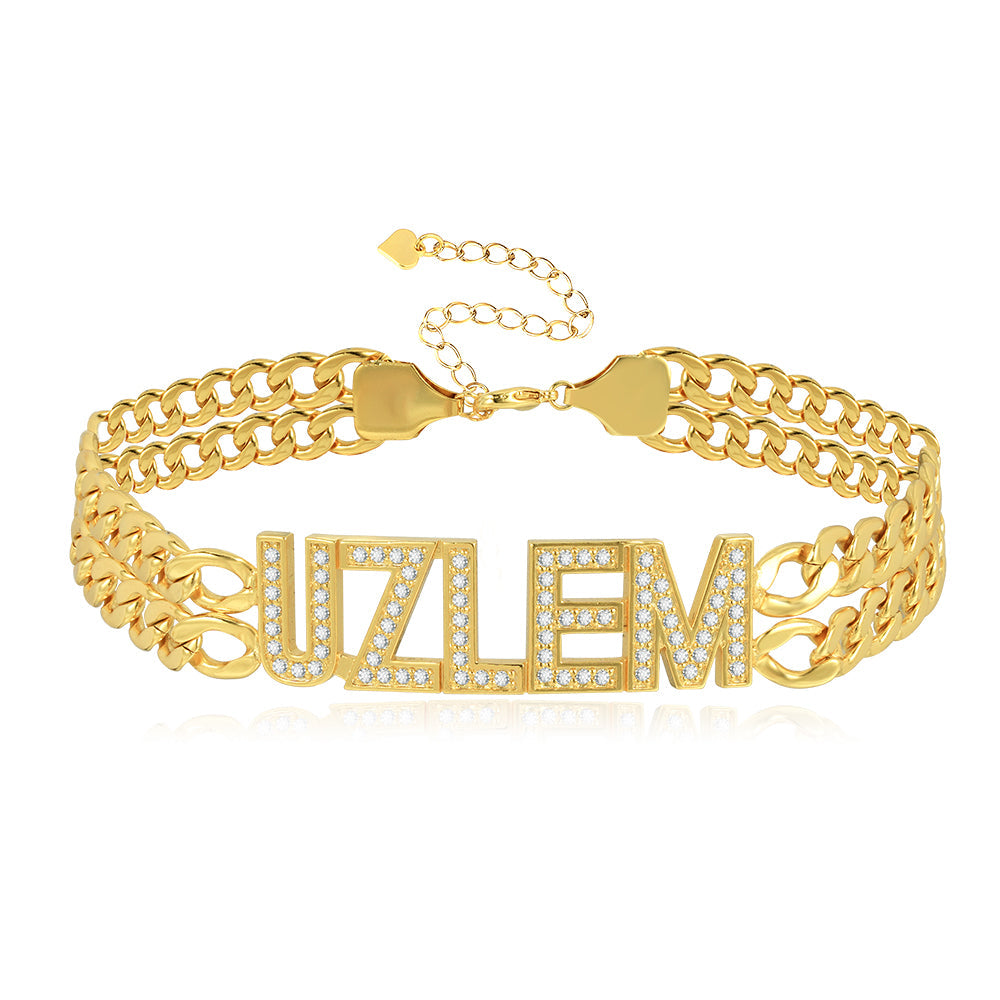 Double Chain with Rhinestones Gold Plated Personalized Custom Name Bracelet-silviax