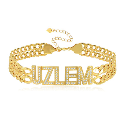 Double Chain with Rhinestones Gold Plated Personalized Custom Name Bracelet-silviax