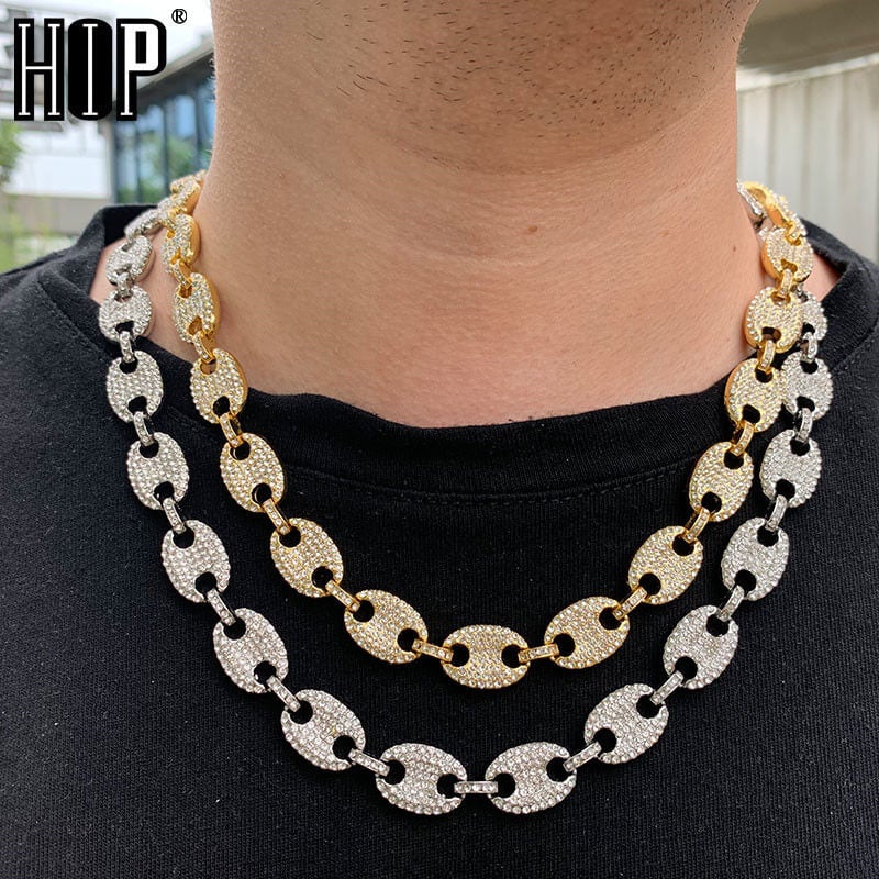 13mm Pig Nose Chain Inlaid Rhinestone Gold Plated Hip Hop Necklace-silviax