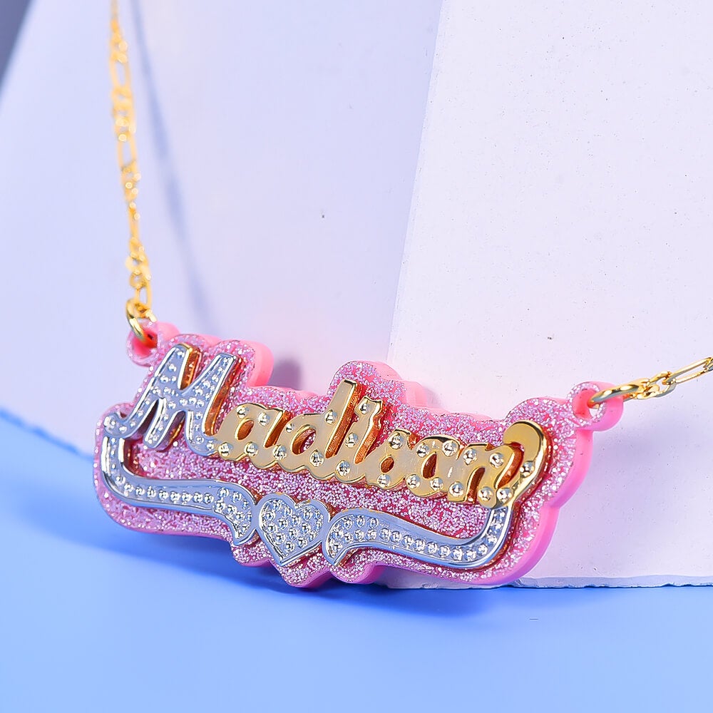 Double Layer Pink Acrylic Two Tone Custom Gold Plated Name Necklace with Heart-silviax