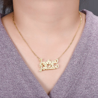 Double Layer 2 Names 2 Hearts Custom Gold Plated Couple Necklace-silviax