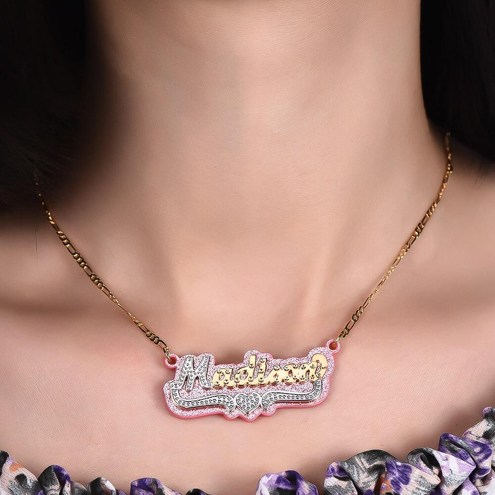 Double Layer Pink Acrylic Two Tone Custom Gold Plated Name Necklace with Heart-silviax