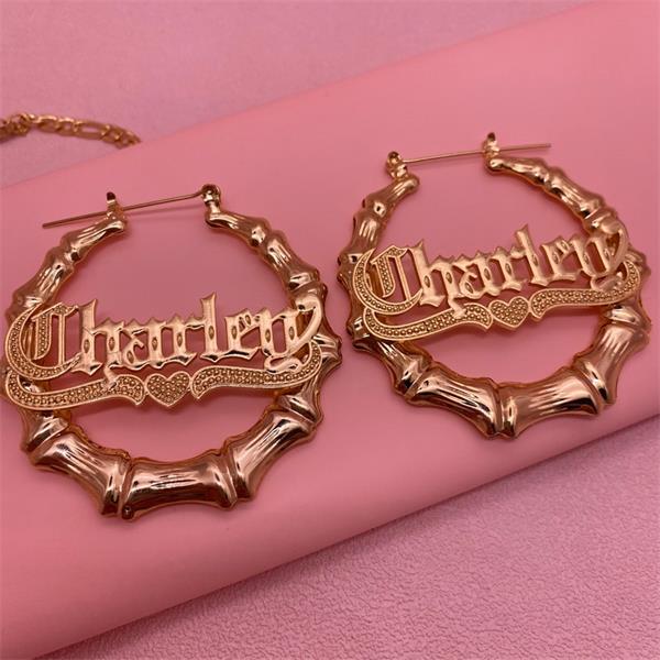 Gold Plated Personalized Name Necklace Old English Nameplate Bamboo Earrings Set-silviax