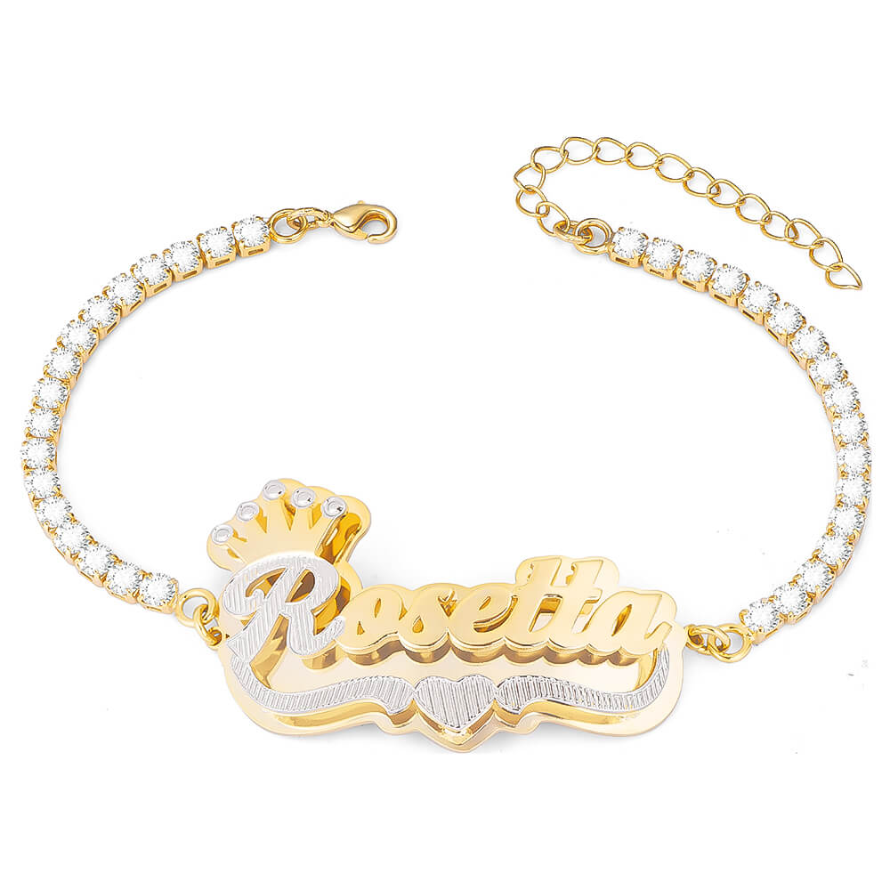 Double Plate Two Tone Crown Heart Nameplate with Tennis Chain Personalized Custom Gold Plated Name Bracelet-silviax