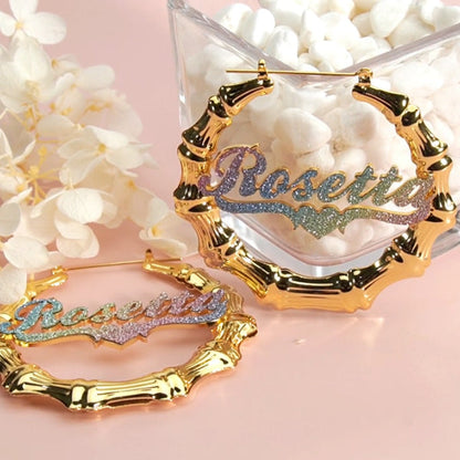 Colorful Nameplate with Heart Personalized Bamboo Name Hoop Earrings