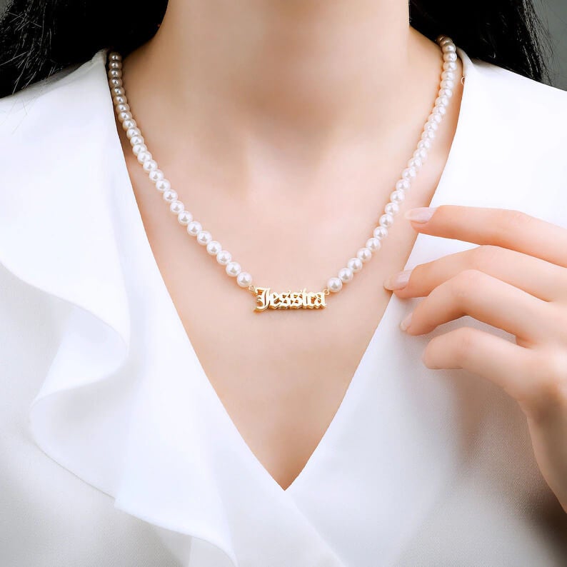 Double Layer Old English Font with Pearl Chain Personalized Custom Gold Plated Name Necklace-silviax