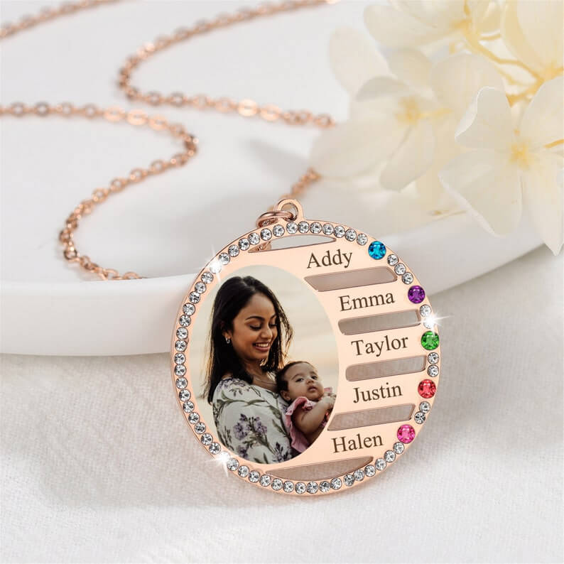 2 To 5 Names With Birthstone And Photo Round Pendant Personalized Custom Gold Plated Family Necklace-silviax