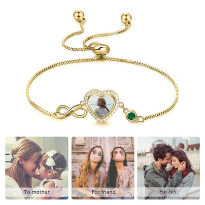 Heart And Infinite Engraved Name with Birthstone Personalized Custom Gold Plated Photo Bracelet-silviax