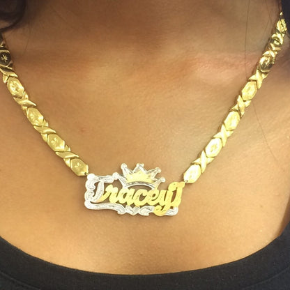 Double Layer Two Tone Crown Personalized Custom Gold Plated 3D Name Necklace with xoxo Chain