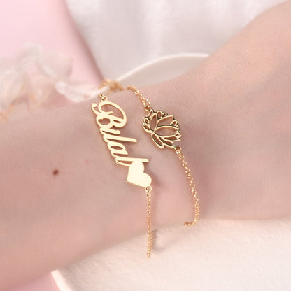 Flower And Heart Personalized Double Chain Name Bracelet-silviax