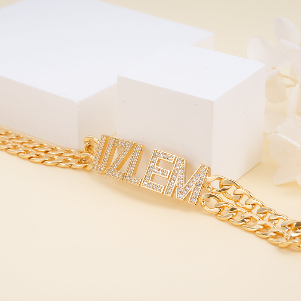 Double Chain with Rhinestones Gold Plated Personalized Custom Name Bracelet