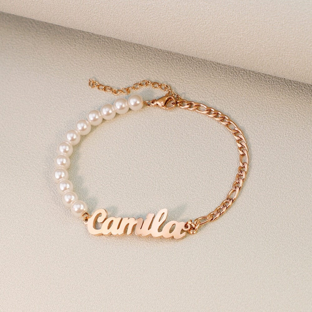 Pearl Chain And Figaro Chain Personalized Custom Gold Plated Name Bracelet-silviax