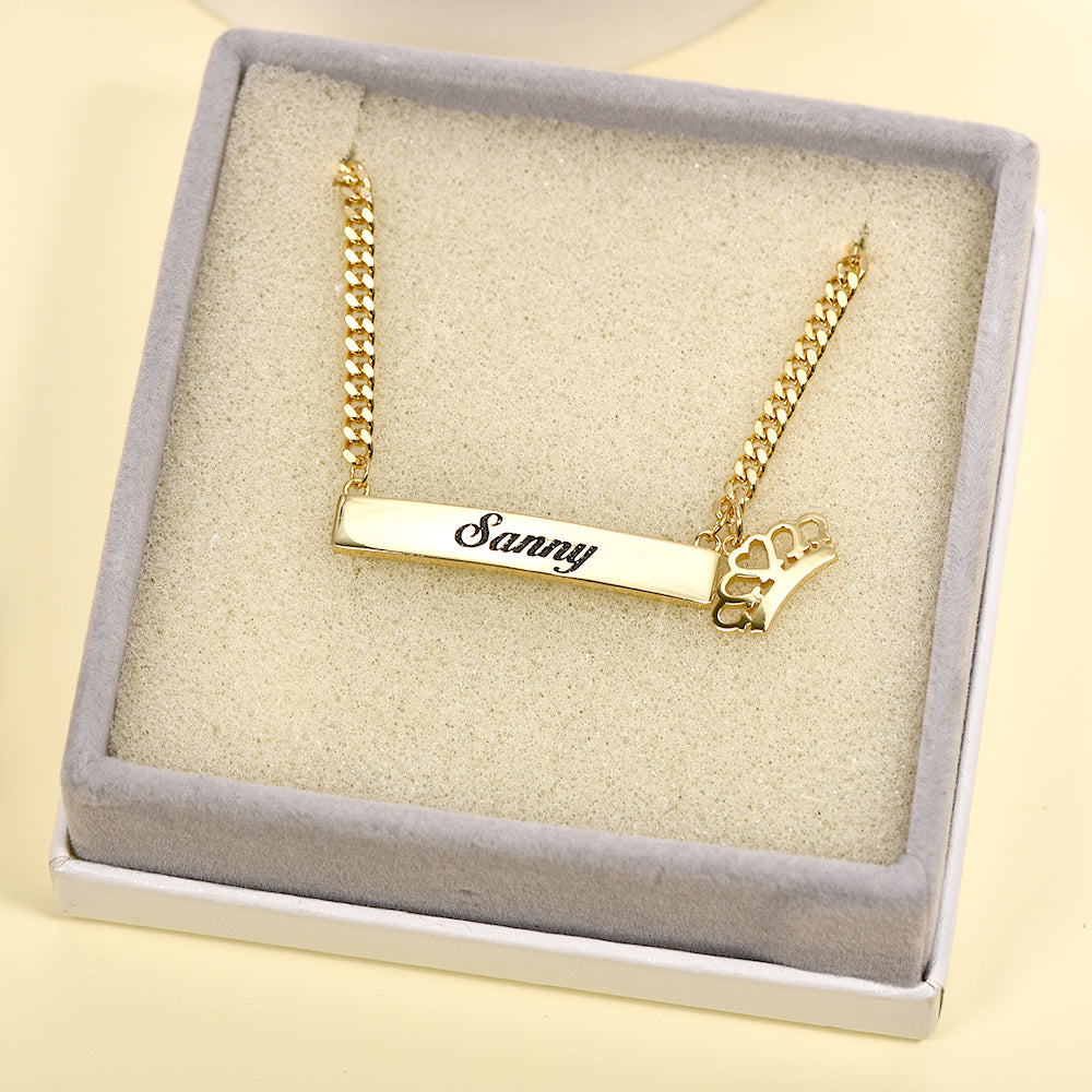 Gold Plated  Personalized Engraved Bar Name Necklace with Crown Pendant-silviax