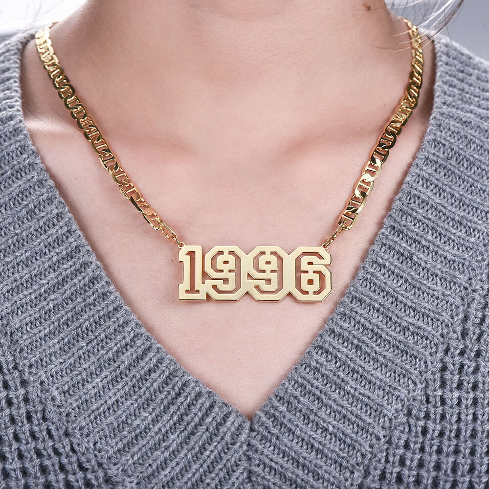 Hollow Number Year Nameplate Necklace And Earrings Personalized Custom Gold Plated Set Jewelry-silviax