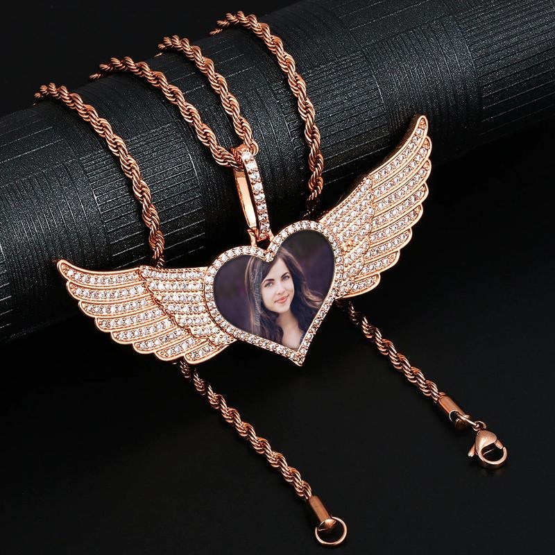 Angel Wings Heart Pendant Photo Necklace Gold Plated-silviax