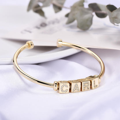 Cube Bead With Inlaid Zircon Letters Personalized Gold Plated Custom Cuff Name Bangle Bracelet-silviax