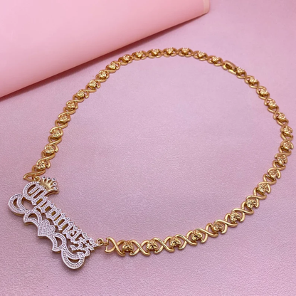 Double Layer Two Tone Nameplate Crown Heart with XOXO Chain Custom 3D Name Necklace-silviax