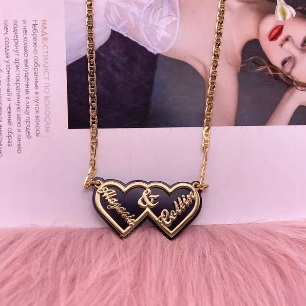 Acrylic Double Heart Pendant Personalized Custom Gold Plated Name Necklace Valentines Couple Gift