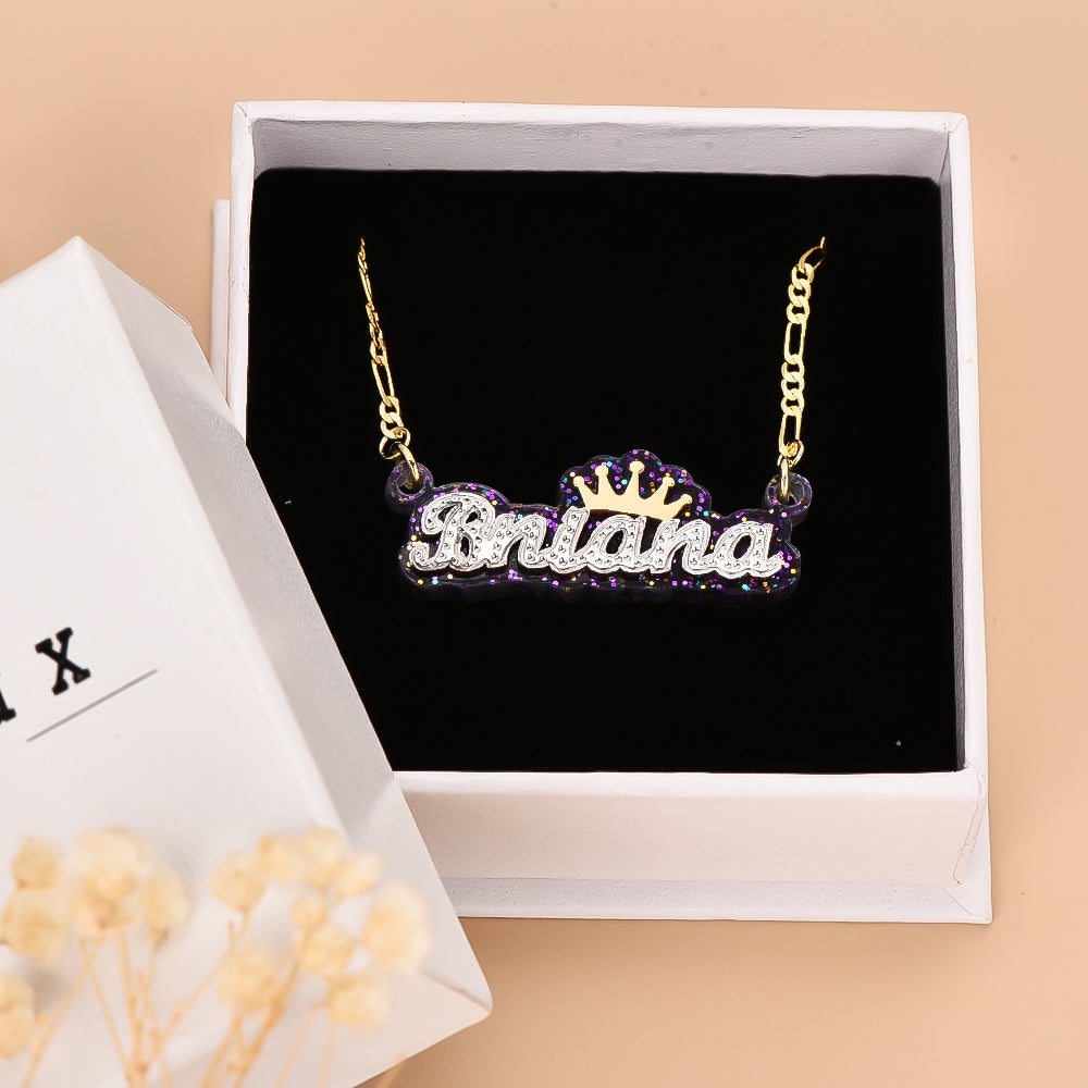 Acrylic Double Plate Two Tone Nameplate with Crown Personalized Custom Gold Plated Name Necklace-silviax