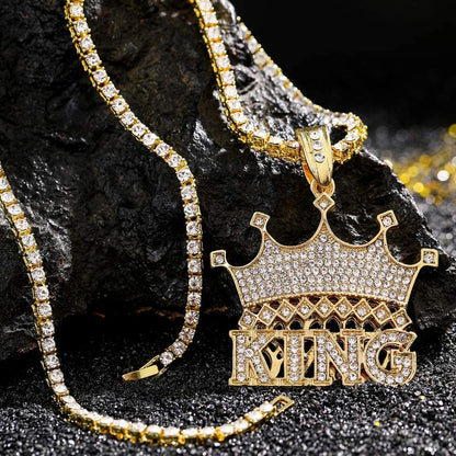 King Crown Pendant Neckalce Hip Hop Style Gold Plated Tennis Chain