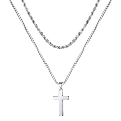 Double Layer Rope Chain Cross Pendant Necklace for Men Women-silviax