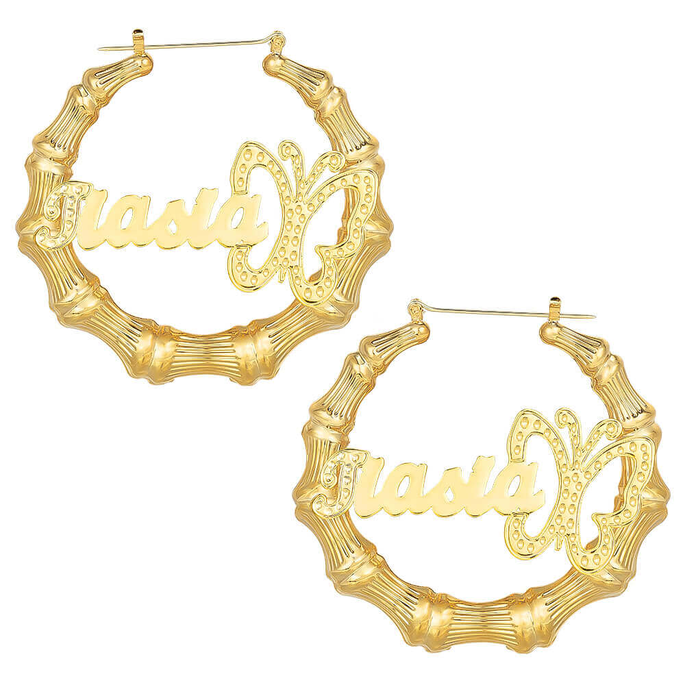 Butterfly Hoop Bamboo Personalized Custom Name Earrings Gold Plated