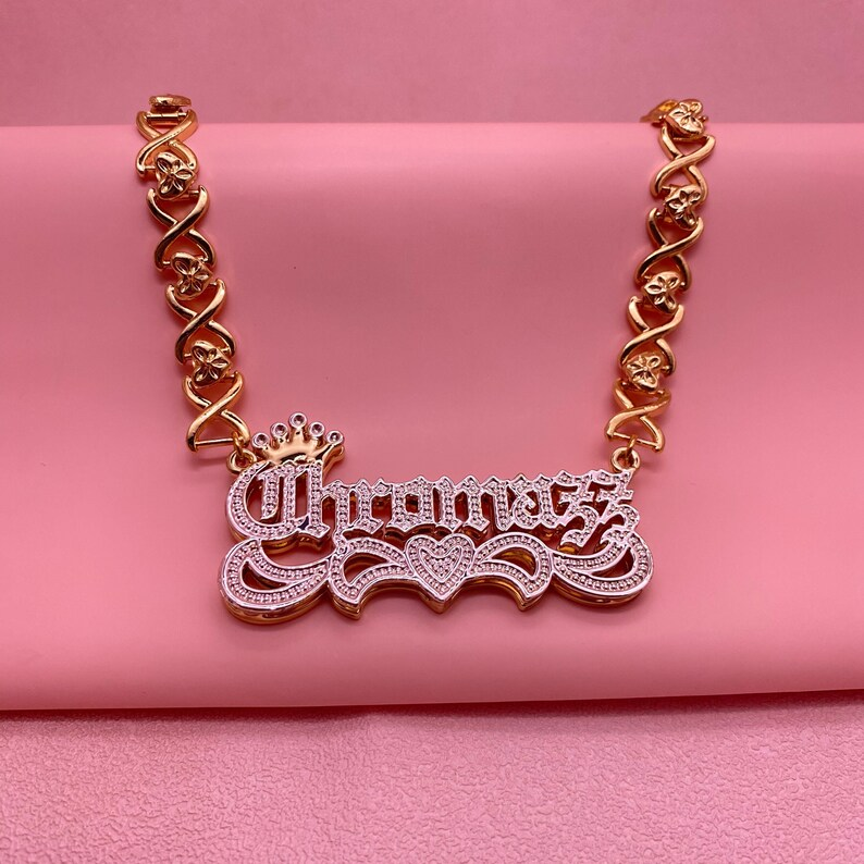 Double Layer Two Tone Nameplate Crown Heart with XOXO Chain Custom 3D Name Necklace-silviax