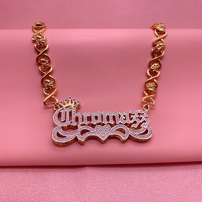 Double Layer Two Tone Nameplate Crown Heart with XOXO Chain Custom 3D Name Necklace-silviax