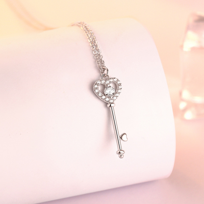 Heart Key White Sapphire Pendant Charm Necklace In Sterling Silver