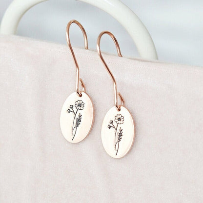 Birth Flower Oval Dangle Personalized Custom Gold Plated Earrings