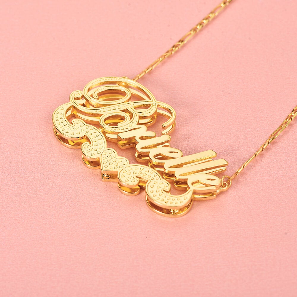 Double Layer Love Heart Personalized Custom 3D Name Necklace Gold Plated-silviax