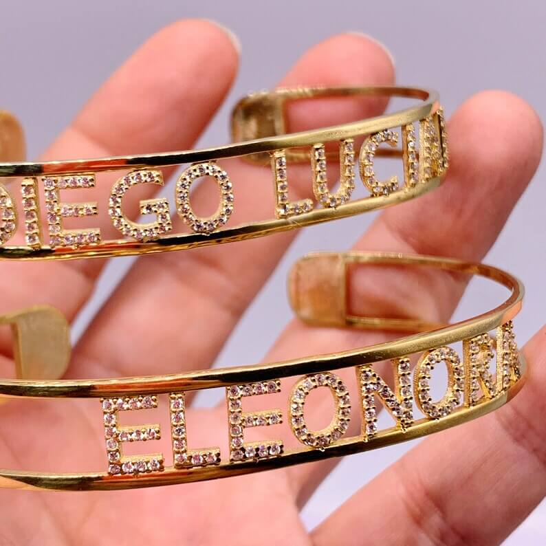 Inlaid Zircon Cuff Bangle Personalized Custom Gold Plated Name Bracelet-silviax