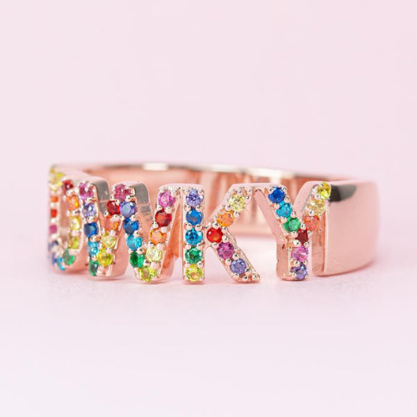 Rainbow Cubic Zirconia Paved Personalized Gold Plated Name Ring-silviax