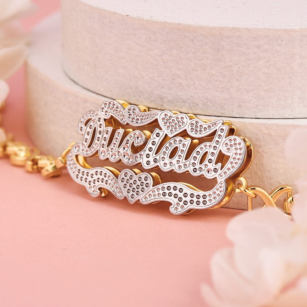 Double Layer Two Tone Heart with XOXO Heart Chain Personalized Custom Gold Plated Name Bracelet-silviax