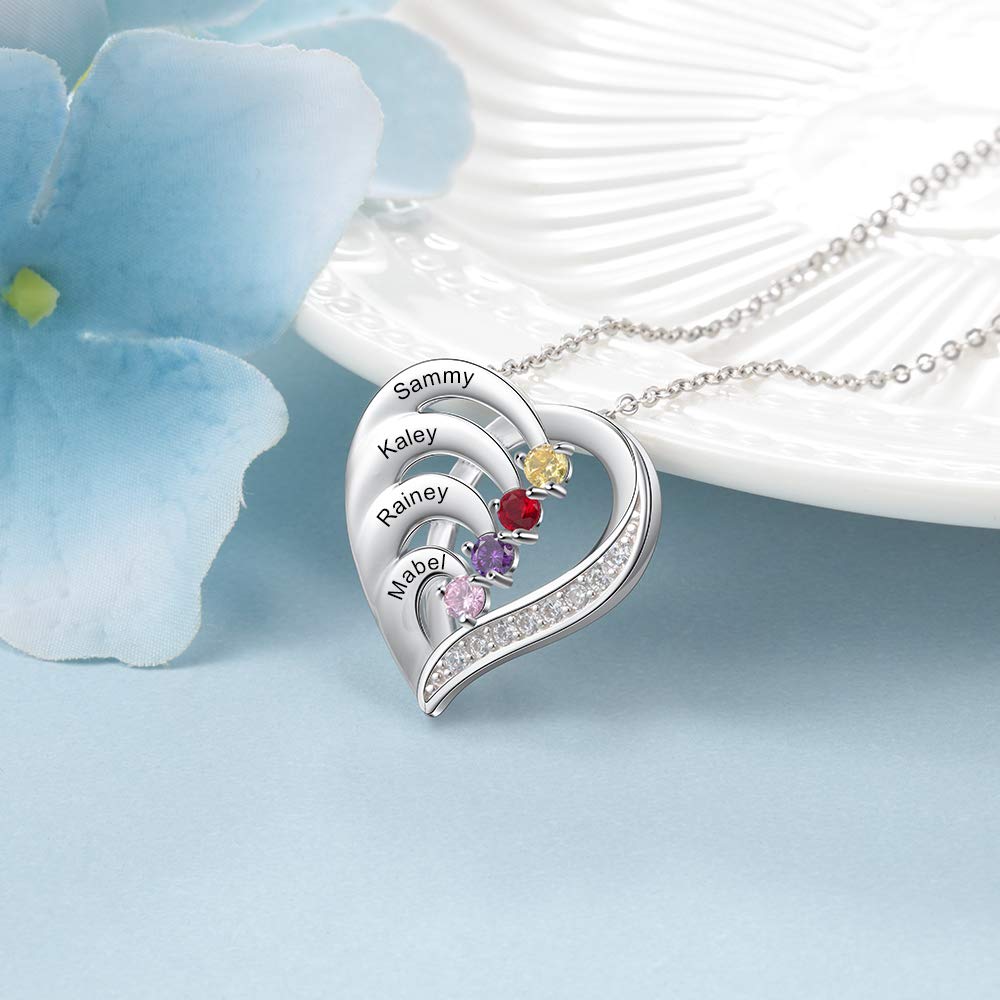 2-4 Name Birthstones Heart Pendant Personalized Custom Family Necklace Mother Gift-silviax