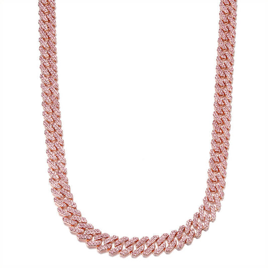 12mm Rose Gold Cuban Chain 2 Row Iced Out Bling Rhinestone Zircon Pave Necklace-silviax