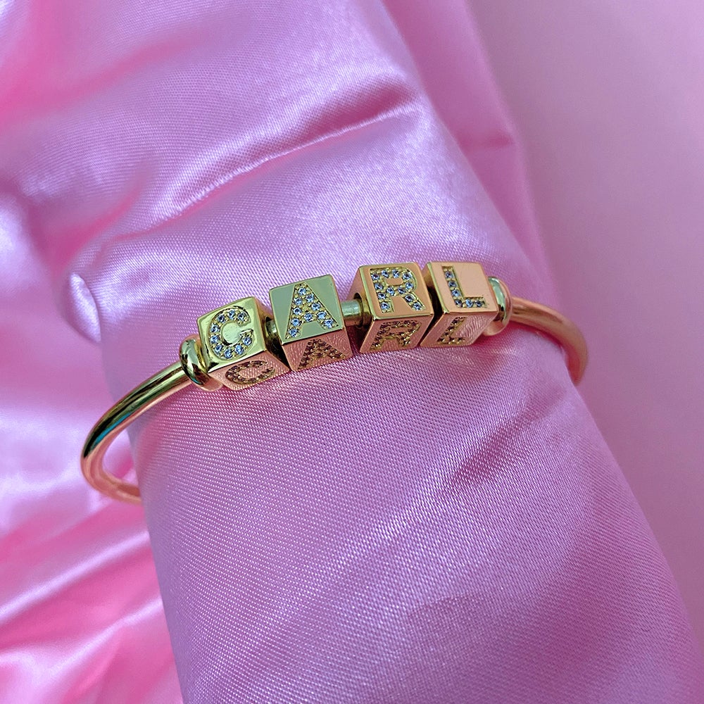 Cube Bead With Inlaid Zircon Letters Personalized Gold Plated Custom Cuff Name Bangle Bracelet