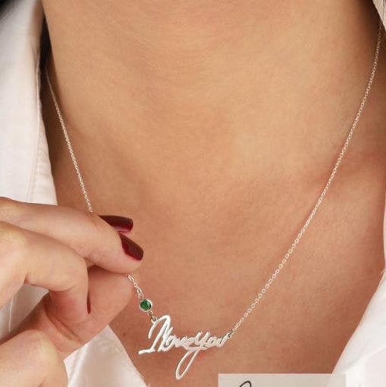 Personalized Signature with Birthstone Gold Plated Custom Handwriting Necklace-silviax