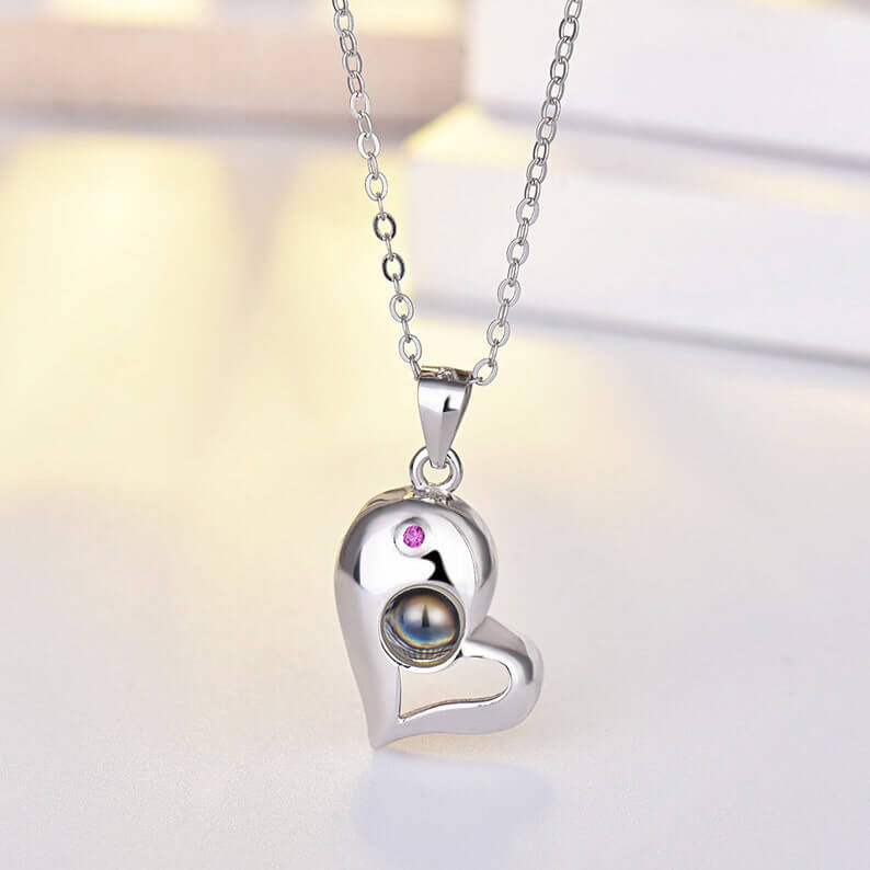 Heart Couple Color Photo Projection With Birthstone White Gold  Personalized Custom Photo Necklace Set-silviax