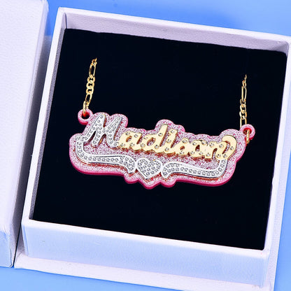 Double Layer Pink Acrylic Two Tone Custom Gold Plated Name Necklace with Heart-silviax