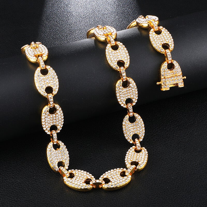 13mm Pig Nose Chain Inlaid Rhinestone Gold Plated Hip Hop Necklace-silviax