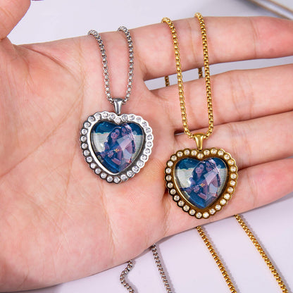 Heart Photo Pendant Inlaid Zircon Engraving Name Personalized Custom Gold Plated Photo Necklace-silviax