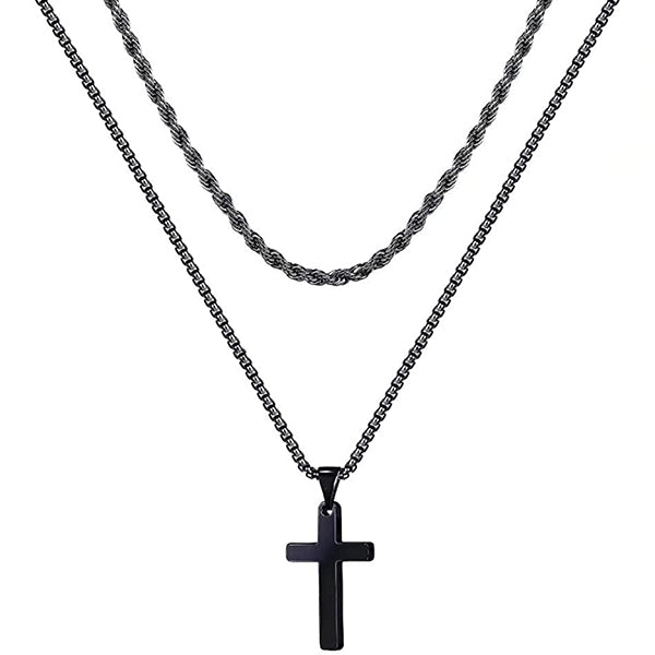 Double Layer Rope Chain Cross Pendant Necklace for Men Women-silviax