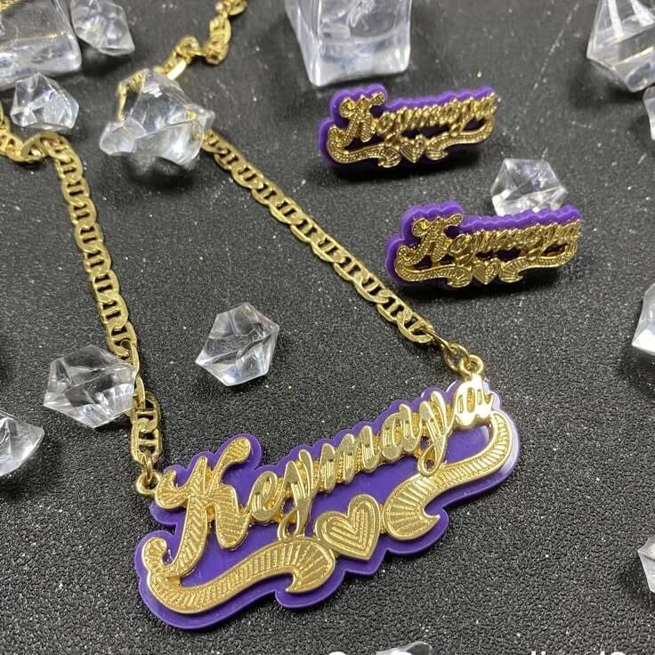 Purple Acrylic with Heart Double Layer Personalized Custom Gold Plated Name Necklace And Name Stud Earring Set