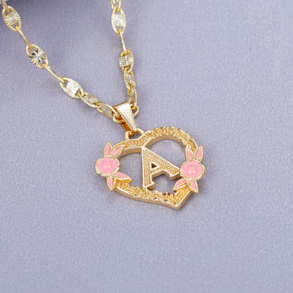 Heart Shaped Pink Enamel Flower Personalized Custom A-Z Initial Letter Necklace-silviax