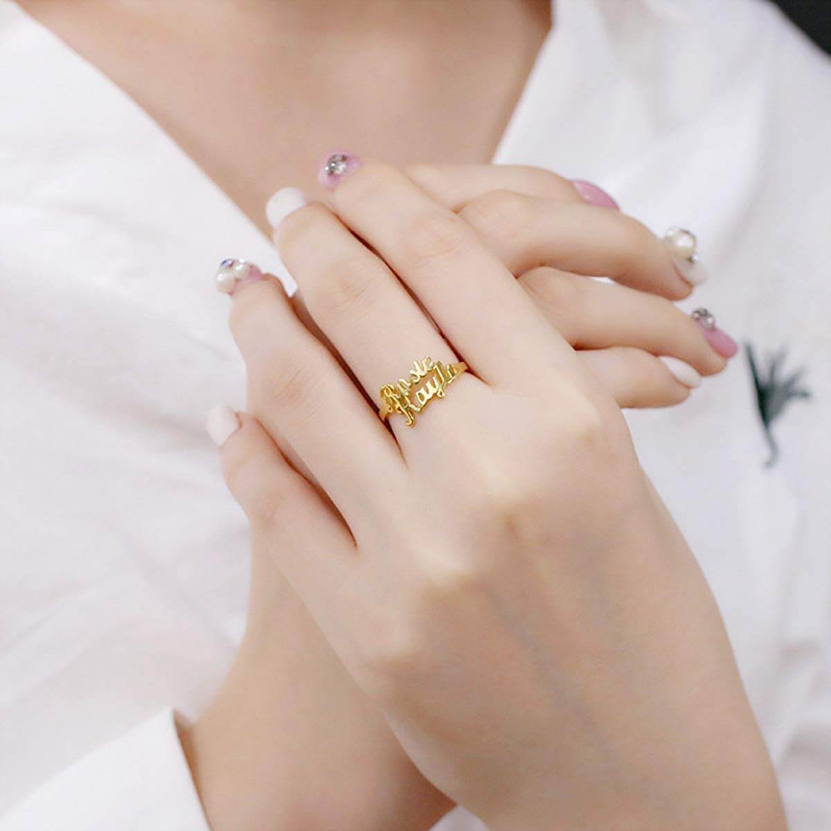 Gold Plated Personalized Name Ring with two name For Girlfriend-silviax